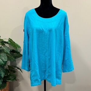 Sea Breeze Cotton Scoop Neck Button Sleeve Tunic in Turquoise NWOT